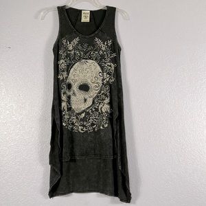 Vocal black acidwash bling skull high low tank top small